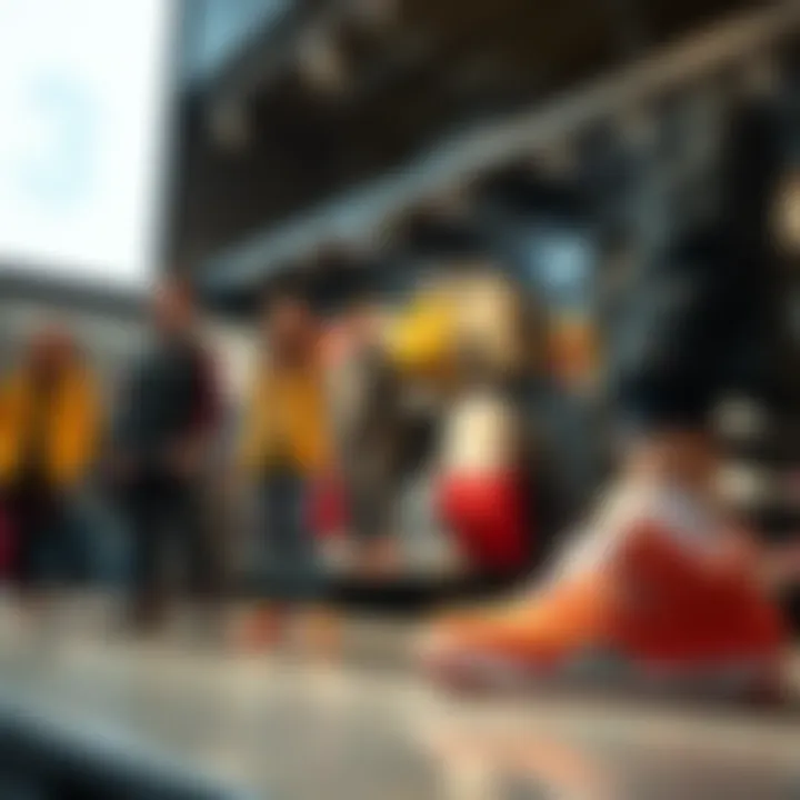 A display of new clothing and sneakers in a shop with people looking excited