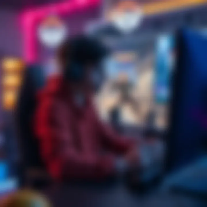 A new Overwatch player sitting at their gaming setup, looking frustrated after losing matches. They have a game controller in hand and a screen showing Overwatch gameplay in the background.