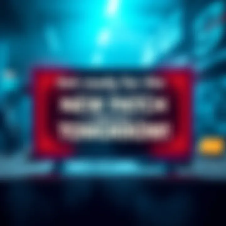 A graphic showing a digital screen with a notification about a new patch arriving, featuring icons representing improvements and updates.