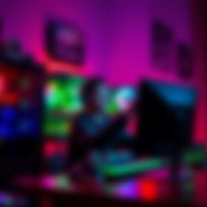 A player excitedly setting up their new PC gaming rig with colorful LED lights and a gaming monitor