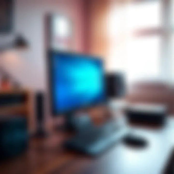 A newly set up PC with a monitor, keyboard, and mouse on a desk in a bright room