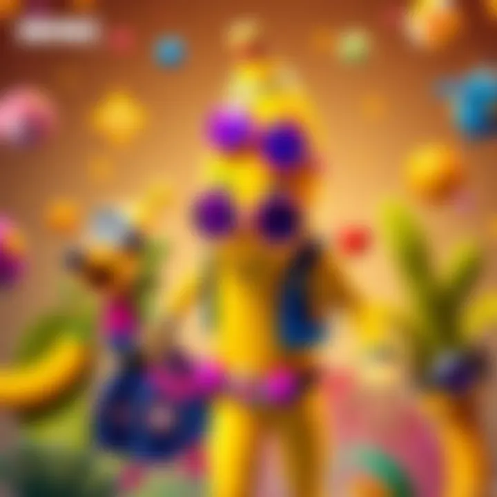 A colorful new Peely skin concept featuring a bright yellow banana character with playful accessories, surrounded by vibrant game elements.