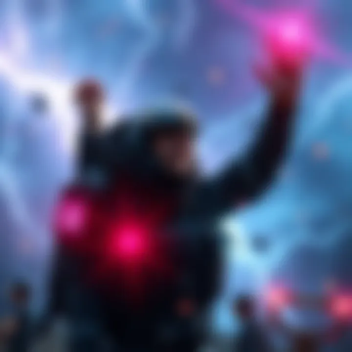 New player finds blueprint during EM storm A new player celebrating after finding their first blueprint in an EM storm, with blueprints and a stormy background.