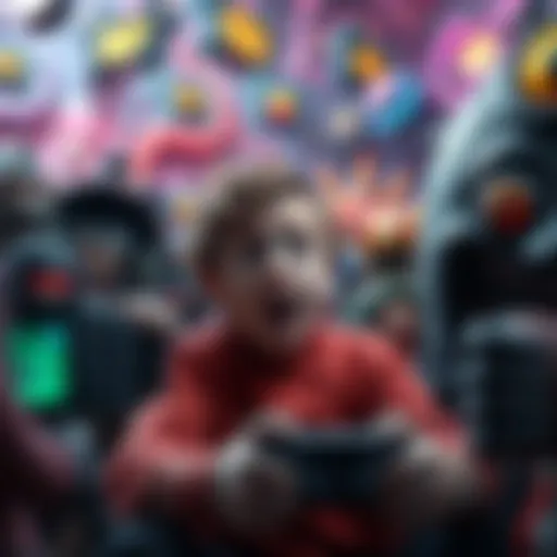 A confused new player surrounded by strange characters, including singing figures and giant elements, in a chaotic video game scene.