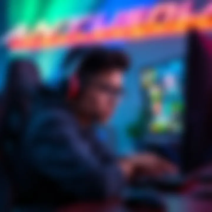 A new player looking stressed while playing a competitive game at a computer desk, with colorful game graphics on the screen and a headset on their head.