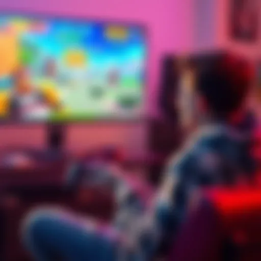 A new player sitting in front of a gaming console, looking excited and curious while holding a controller, with colorful game graphics on the screen.