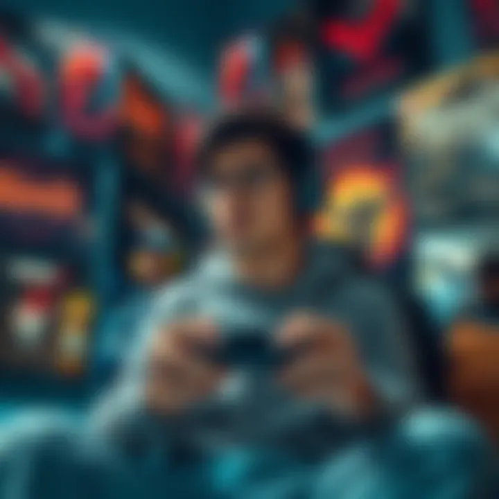 New Player Seeking Game Tips A new player looking for advice on a challenging souls game, holding a game controller and surrounded by game posters.