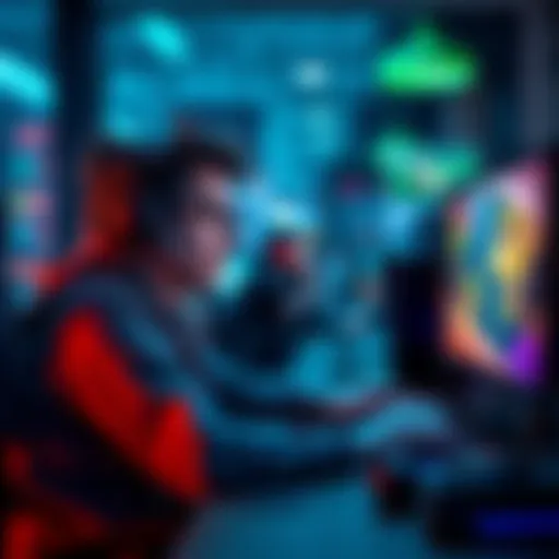 New Player in Gaming A new player sits in front of a computer, exploring a game with colorful graphics and different expansion options on the screen.