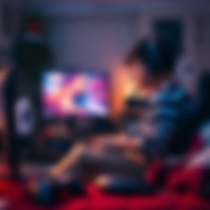 A beginner gamer sitting in front of a screen, looking focused and determined while playing a game. The environment is cozy with gaming accessories around, showing a relaxed atmosphere.