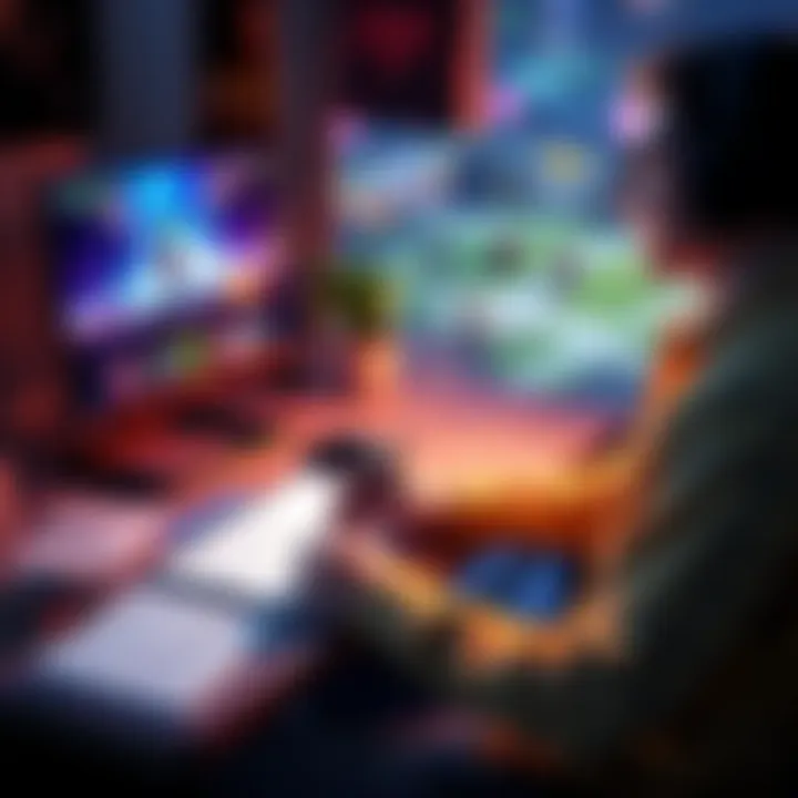 A new player sitting at a desk, looking at a computer screen showing a MOBA game, with a notebook and pen for taking notes