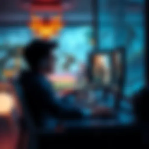 A person seated at a computer, intently watching a lore video about a game, with game art on the screen in the background.