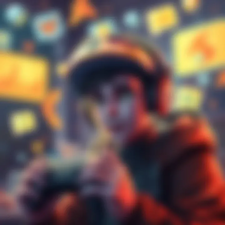 A new gamer looking for tips on which box to unlock for skins, surrounded by game-related icons and chat bubbles, conveying a sense of community and teamwork.
