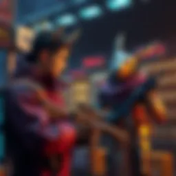 A new player assesses weapon upgrades with a thornback and Hek in front of them, looking unsure about their choices.