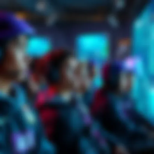 A group of new players looking confused while facing an array of blue and purple kits in a game.