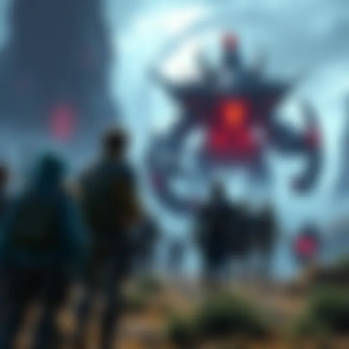 Group of players in game gear facing a challenging boss in an end game zone, with a mysterious landscape in the background.