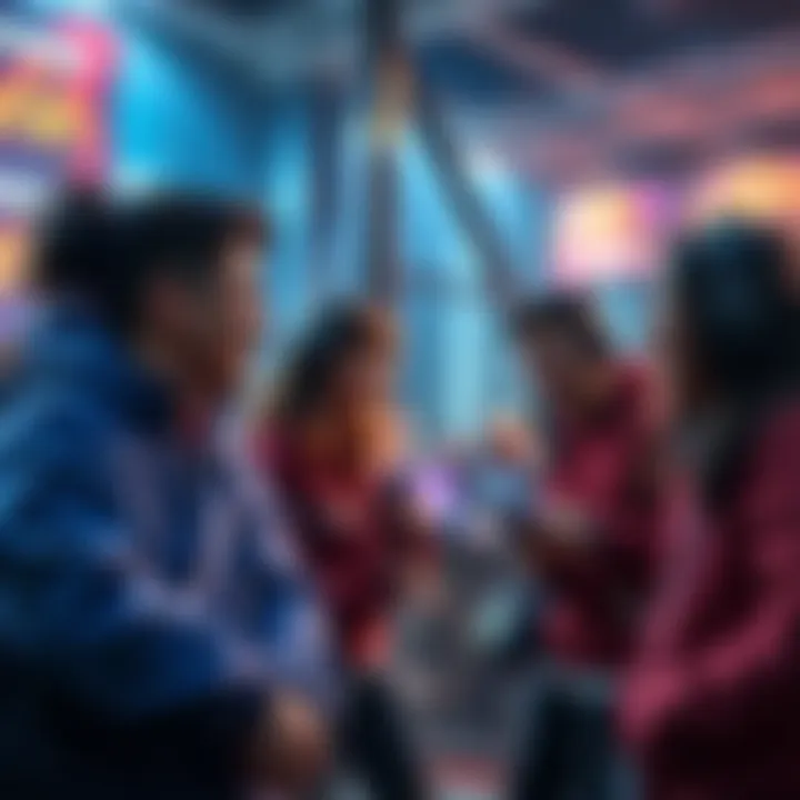 New players seeking teamwork in Legends A group of new players in Legends discussing strategies and looking for partners to play with, sharing laughter and excitement