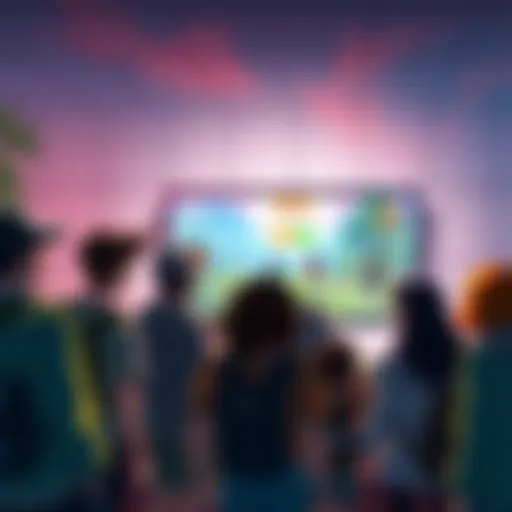 A group of new players looking at the Wilds game interface, excited and curious about joining the community.