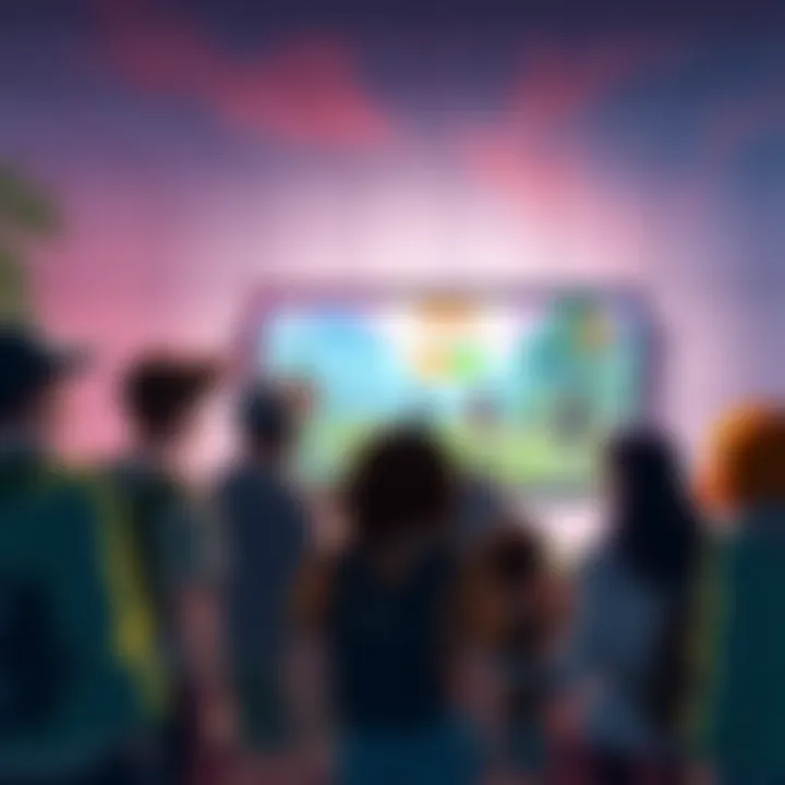 A group of new players looking at the Wilds game interface, excited and curious about joining the community.