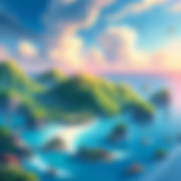 New Pokemon Region A vibrant illustration of a new Pokemon region inspired by Southeast Asian islands, featuring lush greenery and coastal scenery.