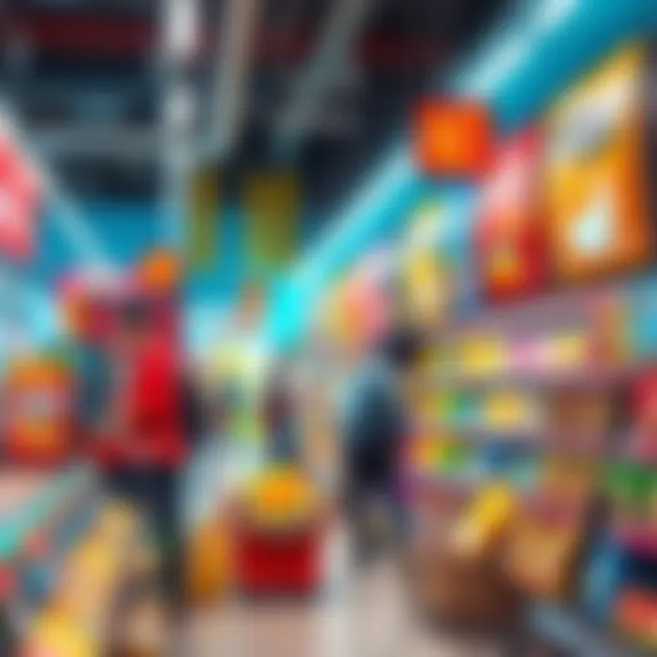 A vibrant display of new products available at Daily Shop, featuring colorful packaging and promotional signs, enticing shoppers to explore the latest offerings.