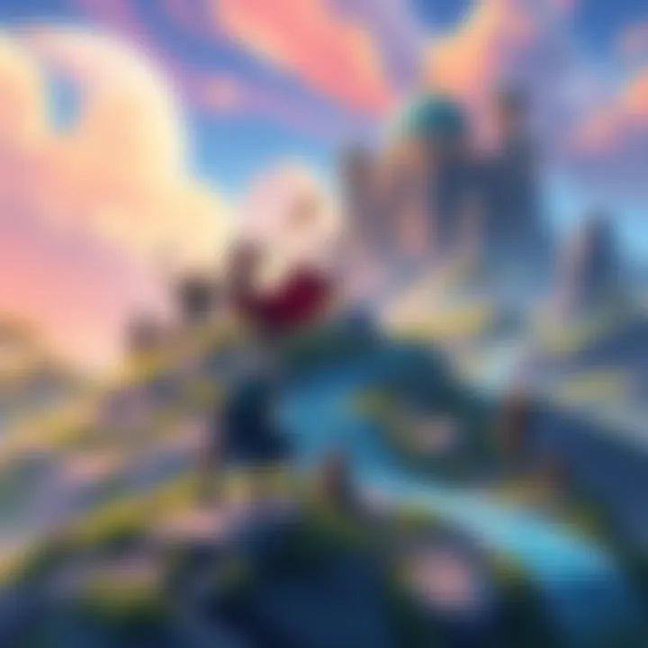 New PvE Mission Concept Art An illustration of a vibrant fantasy landscape featuring various characters preparing for a Player-versus-Environment mission, with elements of adventure and excitement.