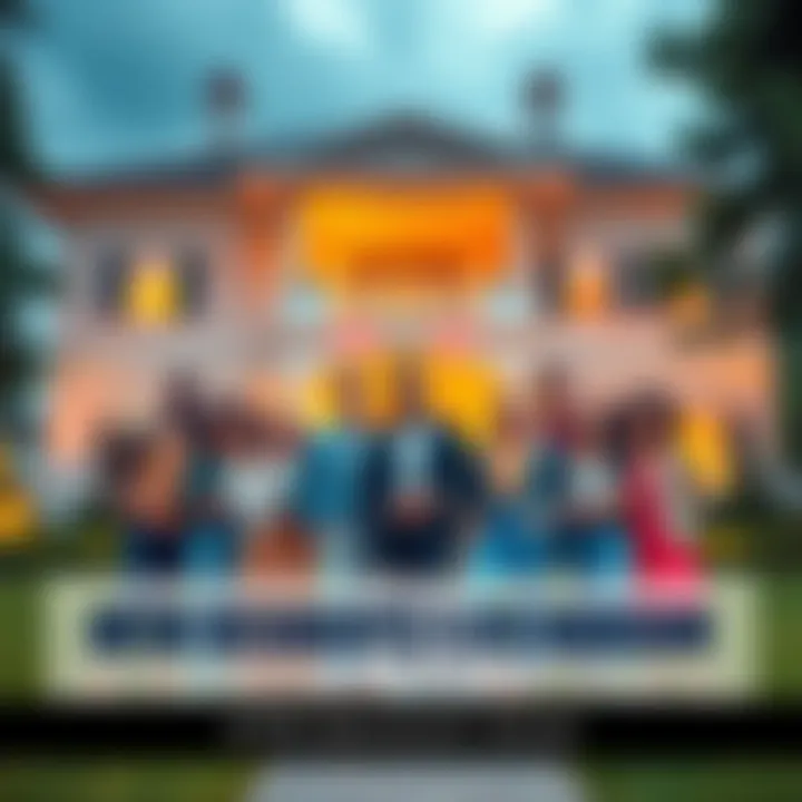 Group of diverse people standing in front of OTK Mansion, smiling and looking excited about their new home