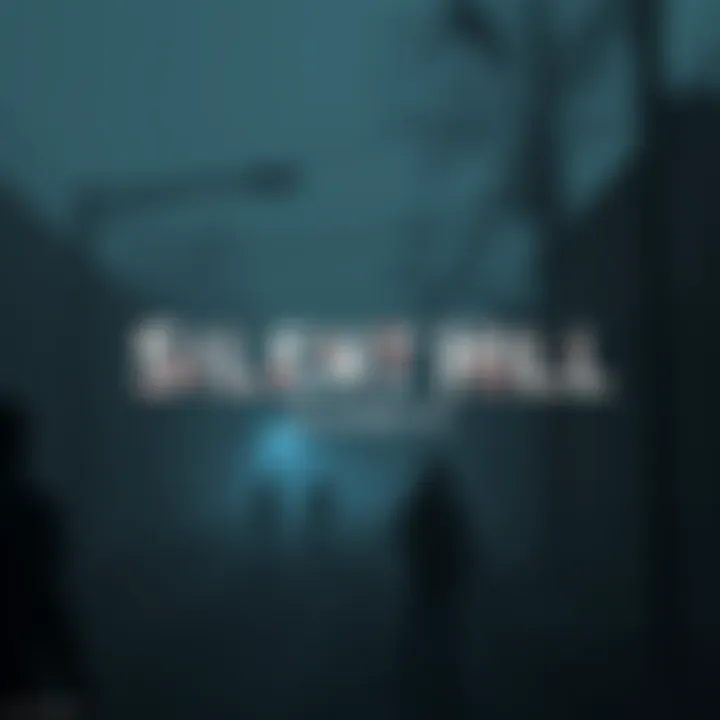 Artwork showing a dark, eerie environment typical of the Silent Hill series, featuring a foggy street with ghostly figures in the background, hinting at horror themes.