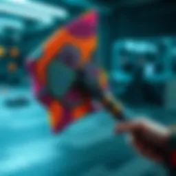 A creative sledgehammer skin with vibrant colors and unique patterns, showcasing its design in a gaming setting.