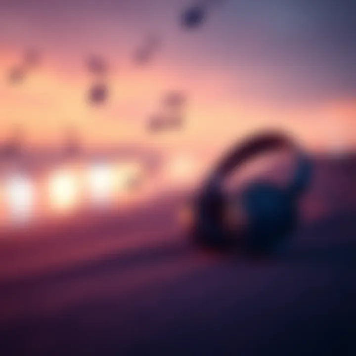A calm night scene with soft colors, featuring headphones and music notes floating in the air, symbolizing the latest hit in sleep phonk music.