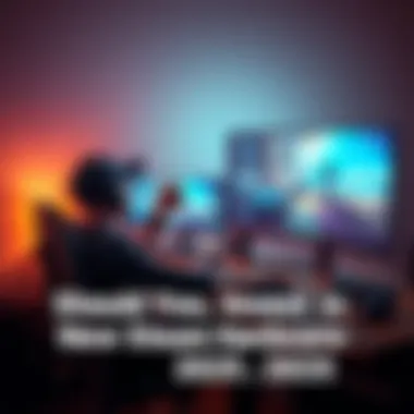 New Steam Hardware Showcase A gamer sitting at a desk with the latest Steam hardware, excitedly playing a game on a large monitor.