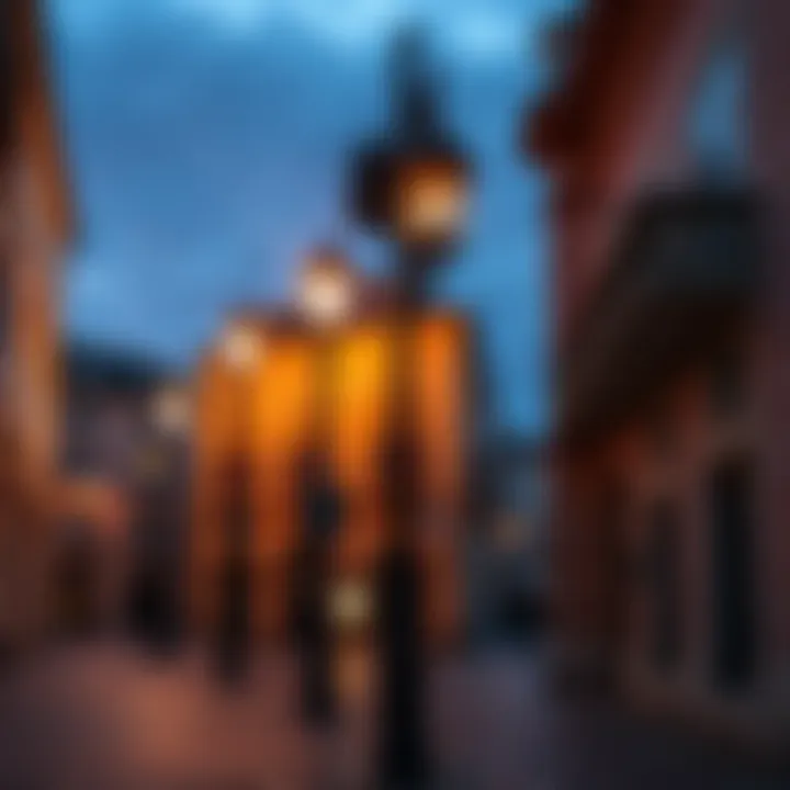 New modern street lights installed in an old town, contrasting with historical buildings