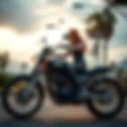 A character named Mina rides a motorcycle, hinting at a connection to Rhea Ripley in a game environment.