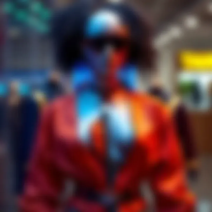 A vibrant Taurie outfit with striking colors and bold design showcased on a mannequin