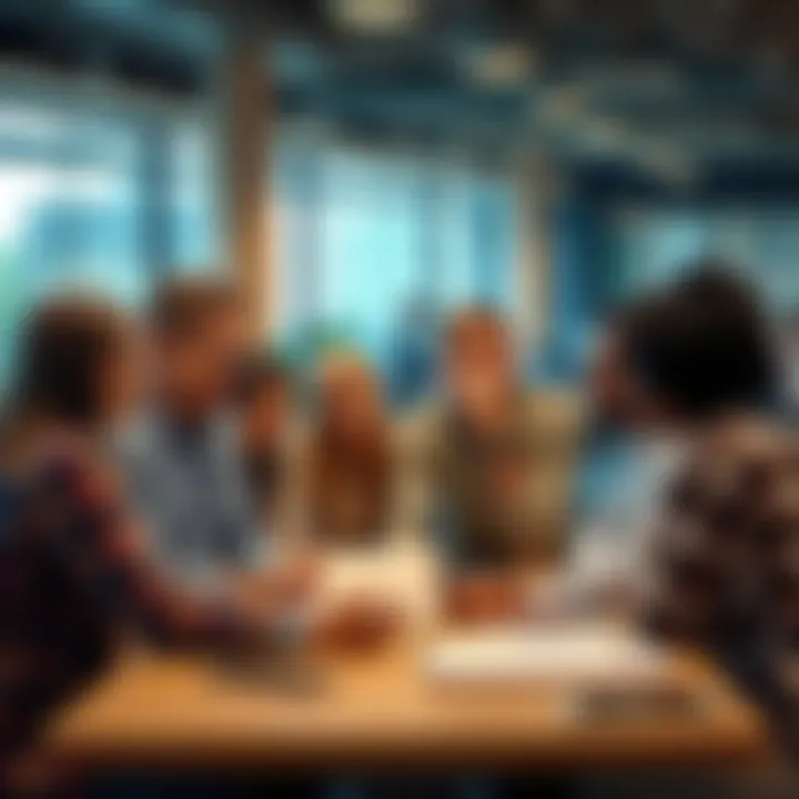 A diverse group of coworkers brainstorming together at a modern office, showcasing teamwork and productivity with a new member contributing ideas.