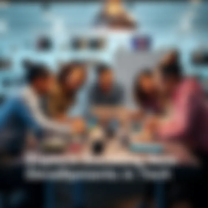 A group of diverse people collaborating around a table with laptops, showcasing the latest tech gadgets and ideas.