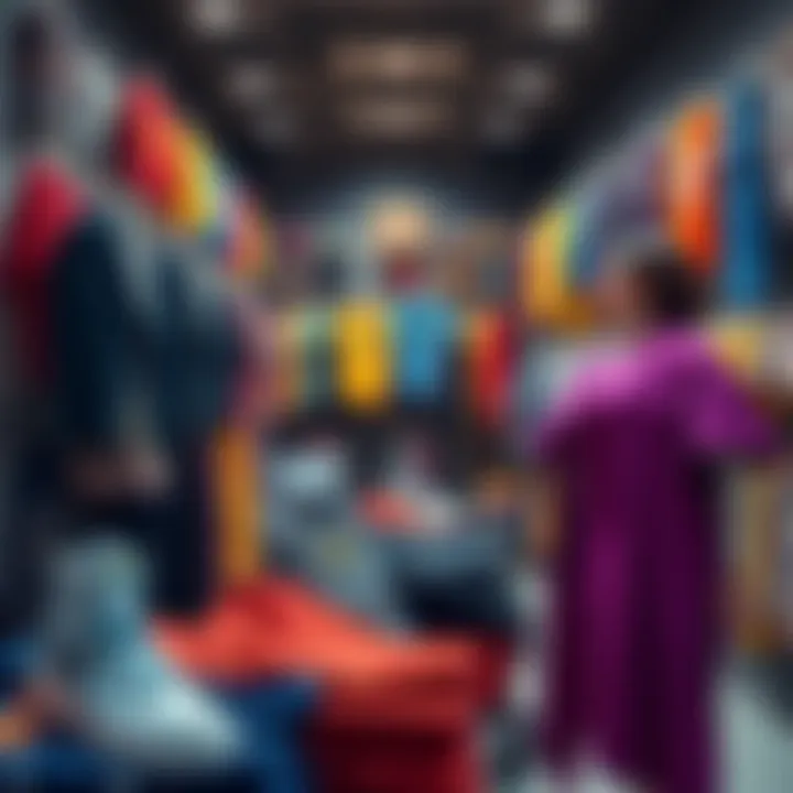 A colorful display of new textiles gear and outfits available in the store, showing various styles and fabrics