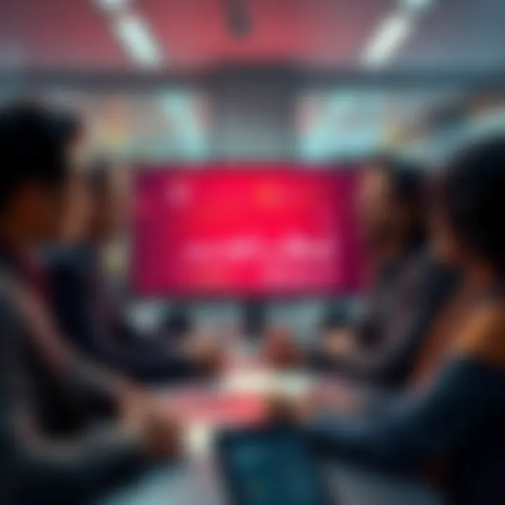 A group of diverse people discussing a new token series investment in a modern office environment, with charts and graphs displayed on a screen.