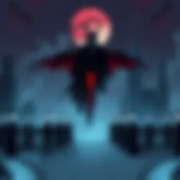 Concept art of a vampire character in a dark, mysterious setting, showcasing gothic architecture and a night sky.