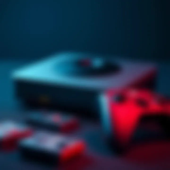 A sleek new video game console designed for physical games, featuring a modern aesthetic with game cartridges and a controller, symbolizing a shift back to physical media.