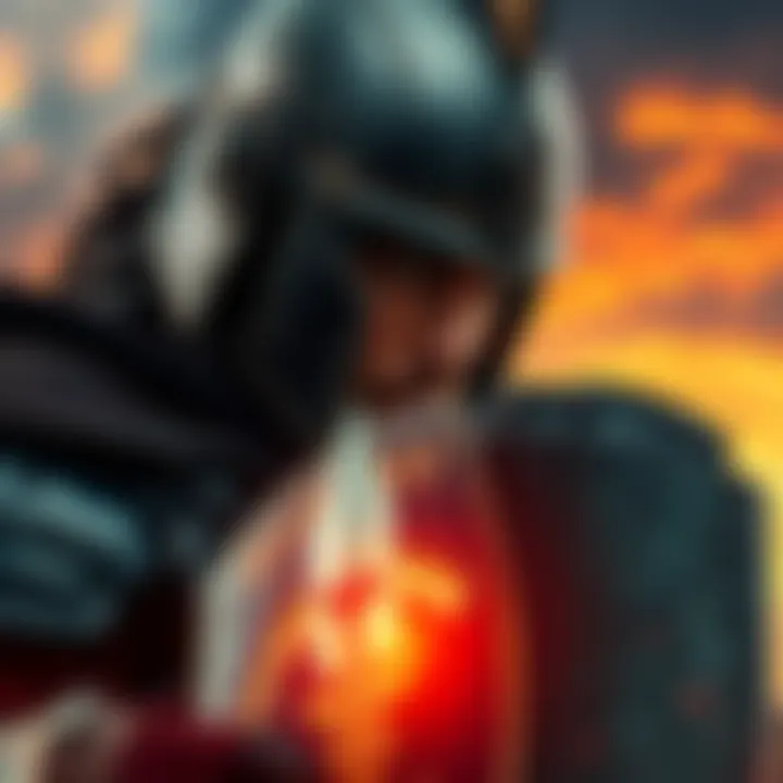 A seasoned warrior in battle gear readying for combat, with a determined expression, amidst a dramatic sky.