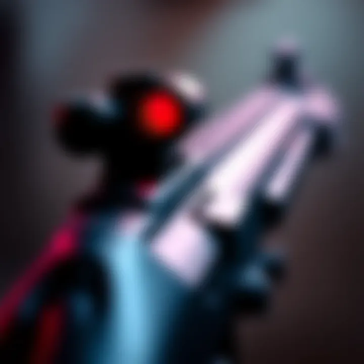 Close-up of a weapon scope featuring a dark red dot, highlighting visibility issues in identifying targets at long range.