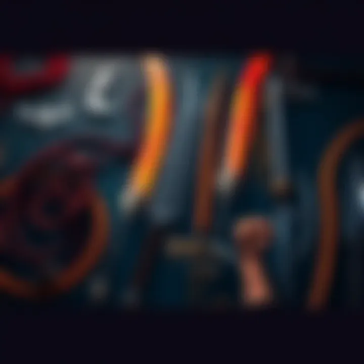 A display of various weapons including whips, swords, axes, and fists from Aberrant.