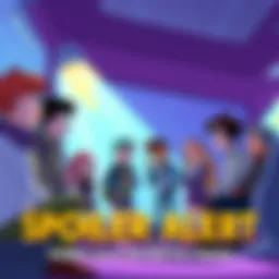 Illustration showing characters from the latest Webtoon chapter discussing plot developments in a vibrant setting