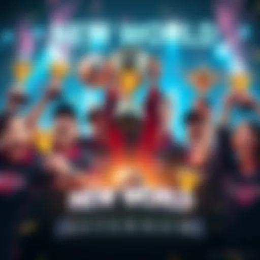 Players celebrating reaching the platinum trophy in New World: Aeternum, showcasing their achievements with trophies and enthusiastic expressions.