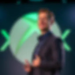New Xbox CEO A confident individual standing in front of an Xbox logo, discussing future gaming strategies