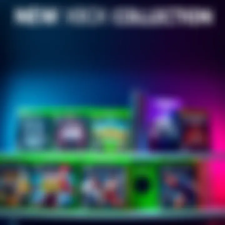 A display of Xbox physical game titles including popular new releases, neatly arranged on a shelf.