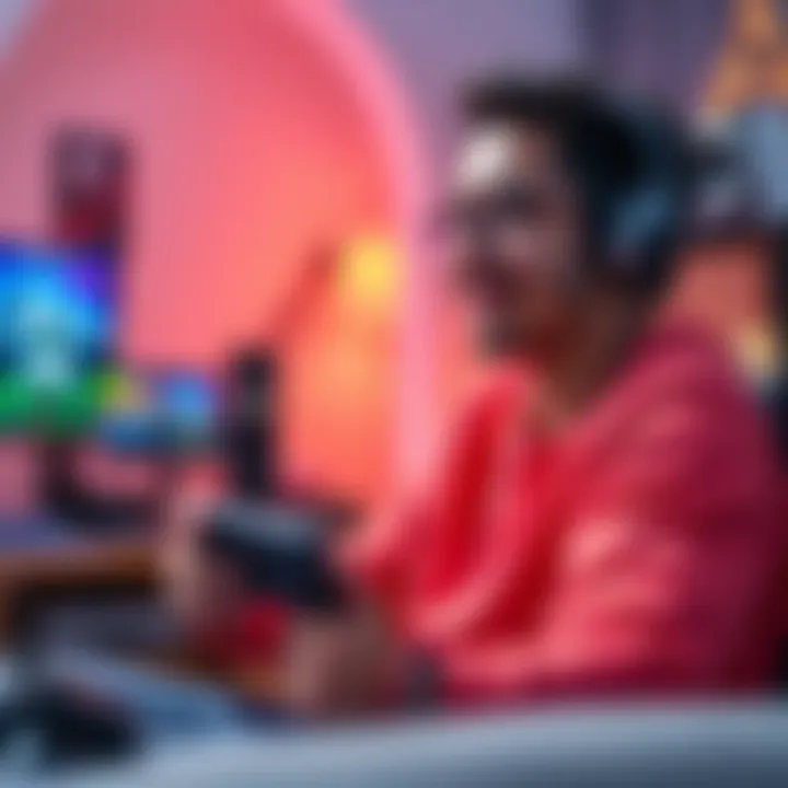 A gamer holding the new Xbox handheld at home, playing a popular game with a focused expression, surrounded by gaming setup.