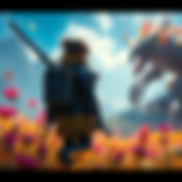 A player exploring a vibrant environment in Monster Hunter Rise, equipped with a sword and armor, ready for battle against a monster.