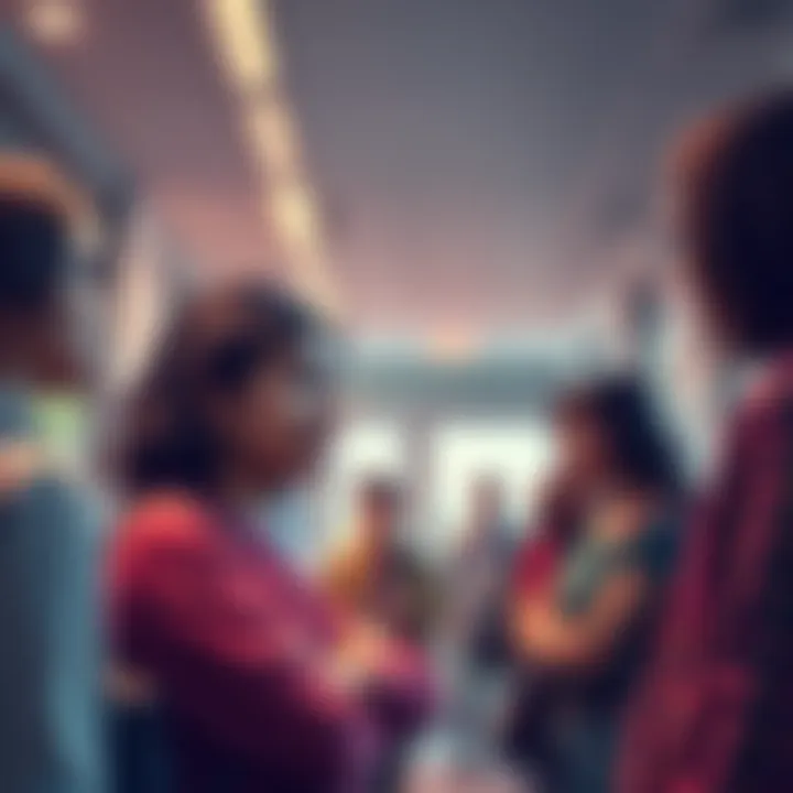 Newcomer Seeking Help A newcomer looking around a community center, feeling a bit lost but hopeful. They are surrounded by supportive people offering guidance.