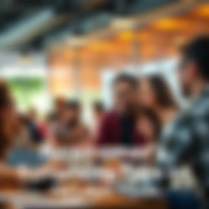 A newcomer enthusiastically discussing trends with a group of people, sparking lively conversation and varied reactions in a casual setting.